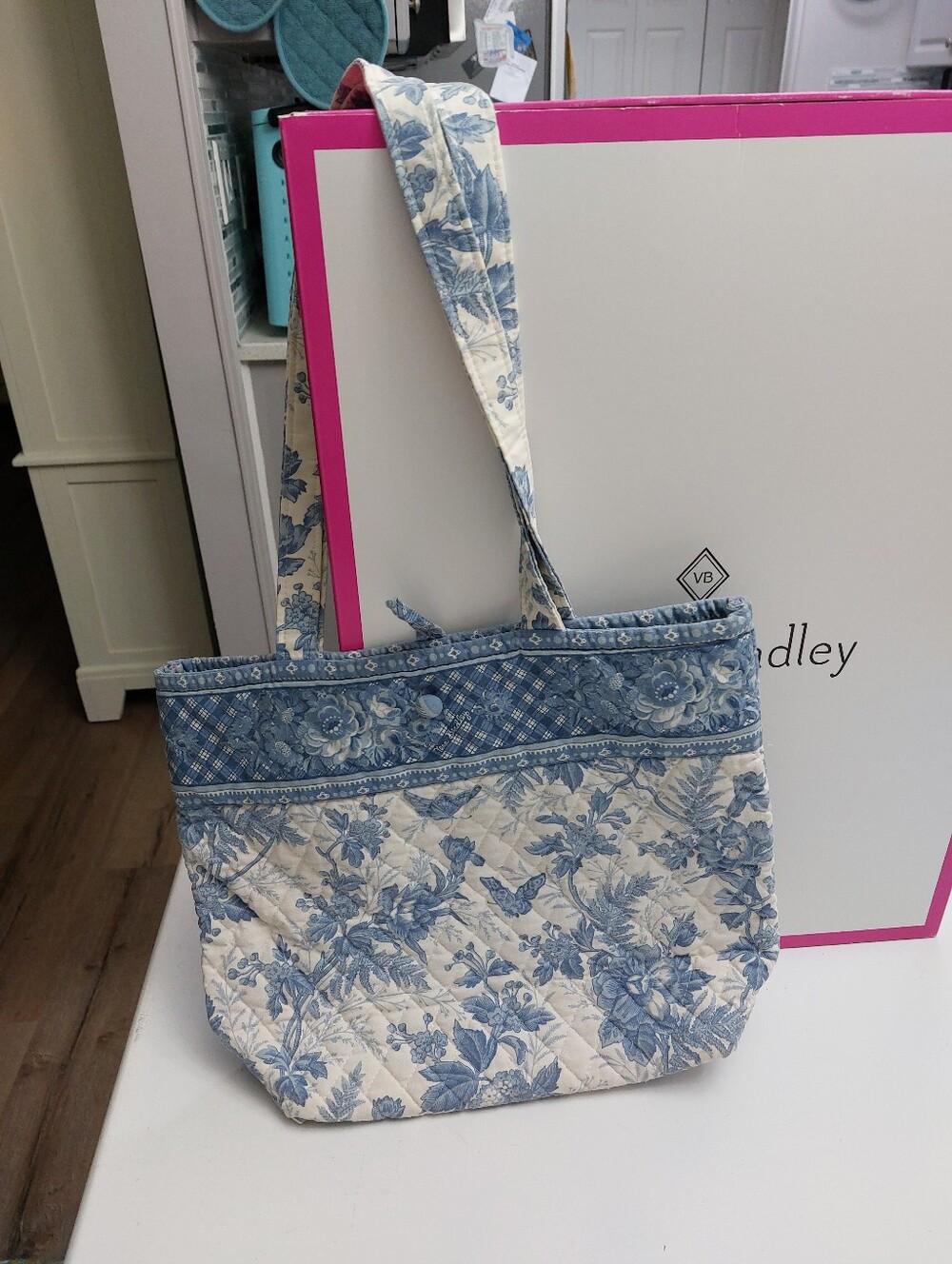 Vera Bradley Vintage Button Tote Blue Toile NWOT